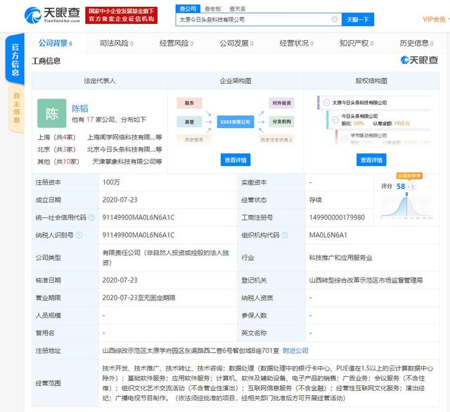 今日頭條在太原成立新公司,注冊地位于山西綜改示范區